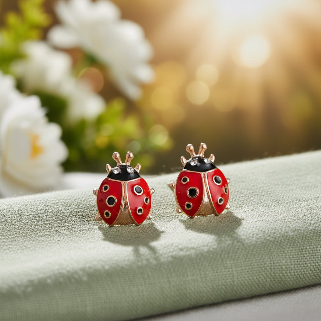 Rose Gold Lucky Ladybug Earrings on green linen