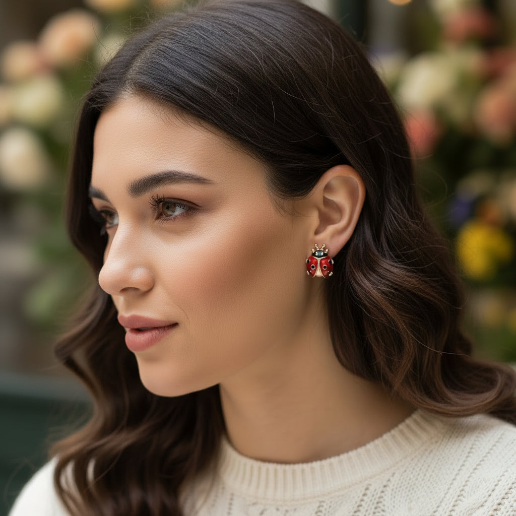 Woman wearing Rose Gold Lucky Ladybug Earrings
