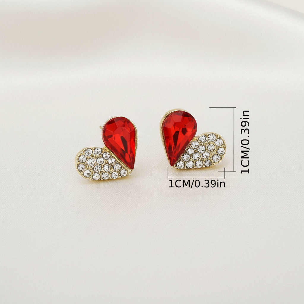 Ruby Crystal Heart Pavé Earrings with red centers and clear rhinestones on a white background, with measurements indicated.