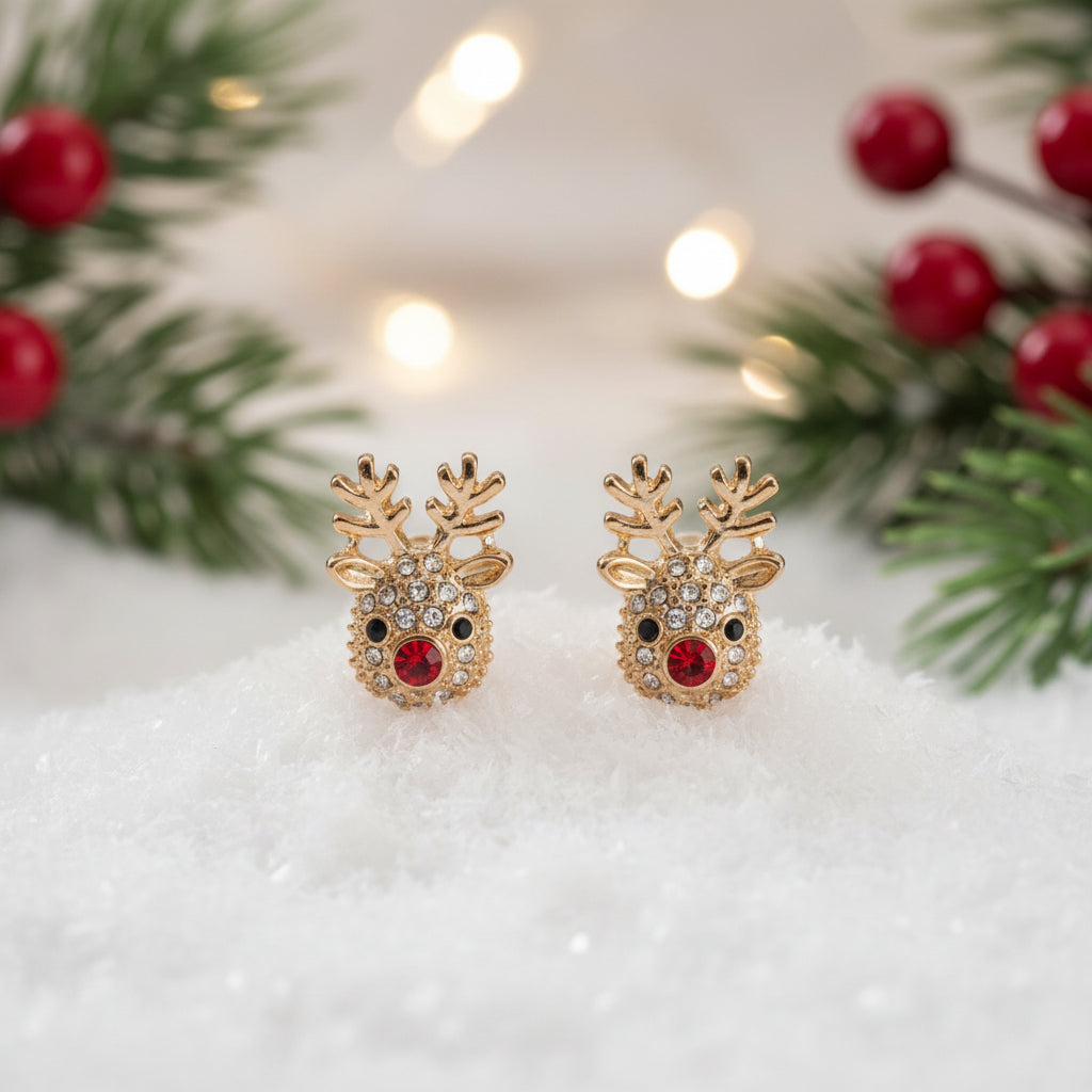 Rudolph Red Nose Reindeer Earrings on snow