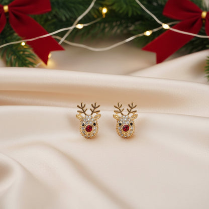 Rudolph Red Nose Reindeer Earrings on white satin
