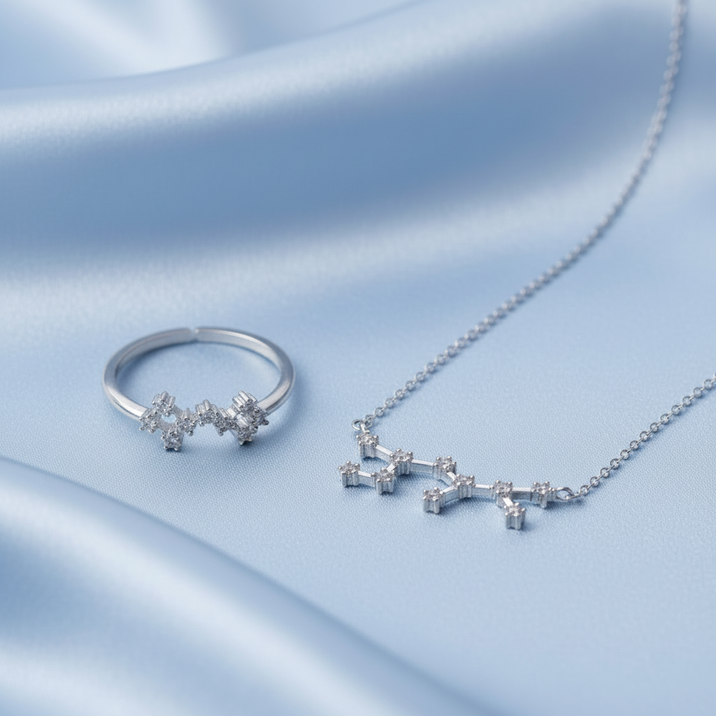 Silver Sagittarius Zodiac Necklace & Ring Bundle on a soft blue fabric background