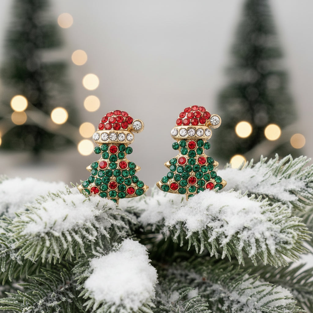 Santa Hat Christmas Tree Pavé Earrings on pine tree