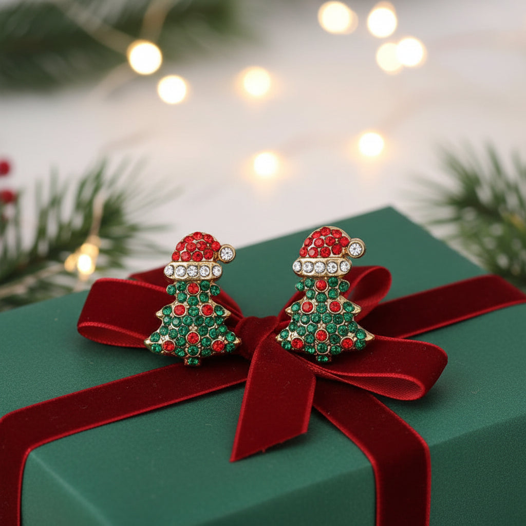 Santa Hat Christmas Tree Pavé Earrings on present