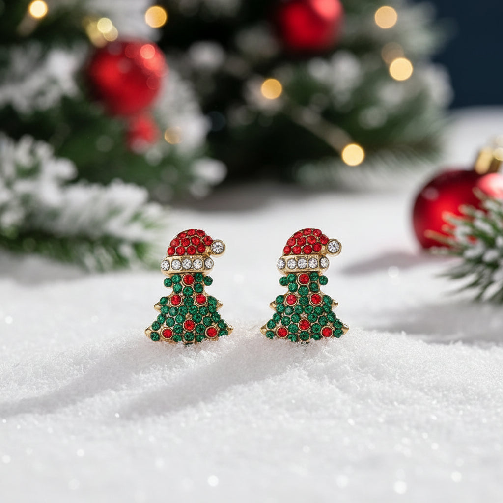 Santa Hat Christmas Tree Pavé Earrings on snow