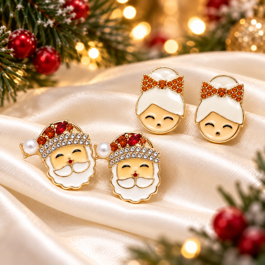 Santa & Mrs. Claus Jeweled Earring Bundle with Christmas background