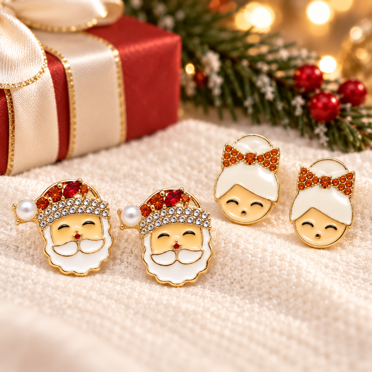 Santa & Mrs. Claus Jeweled Earring Bundle w/present