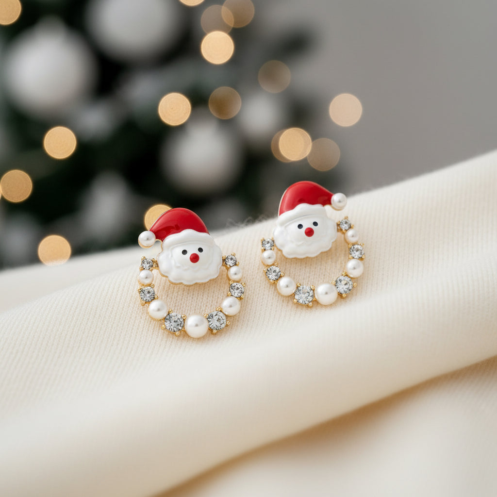 Santa Pearl Christmas Wreath Earrings on white cashmere