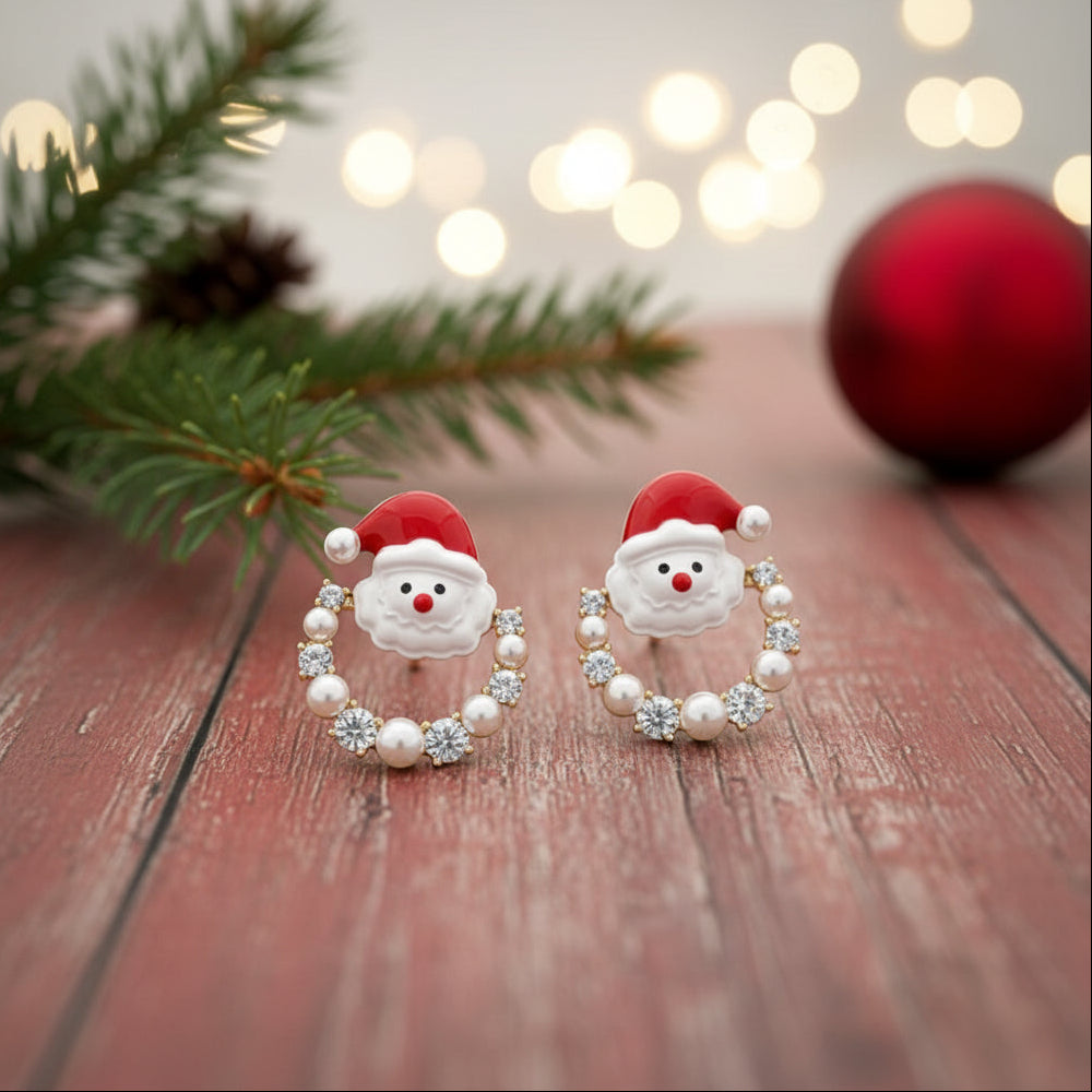 Santa Pearl Christmas Wreath Earrings on red wood
