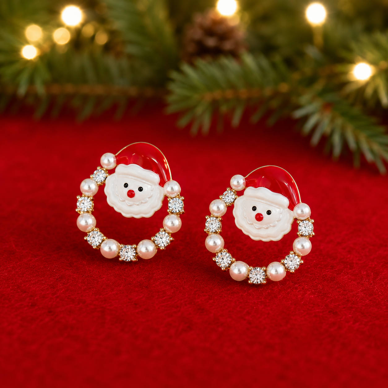 Santa Pearl Christmas Wreath Earrings on red felt
