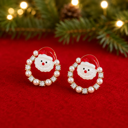 Santa Pearl Christmas Wreath Earrings on red felt