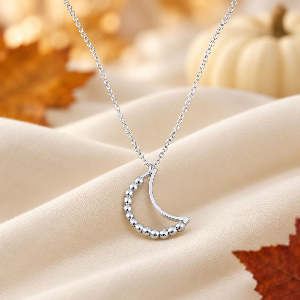 Silver Beaded Crescent Moon Spinner Necklace
