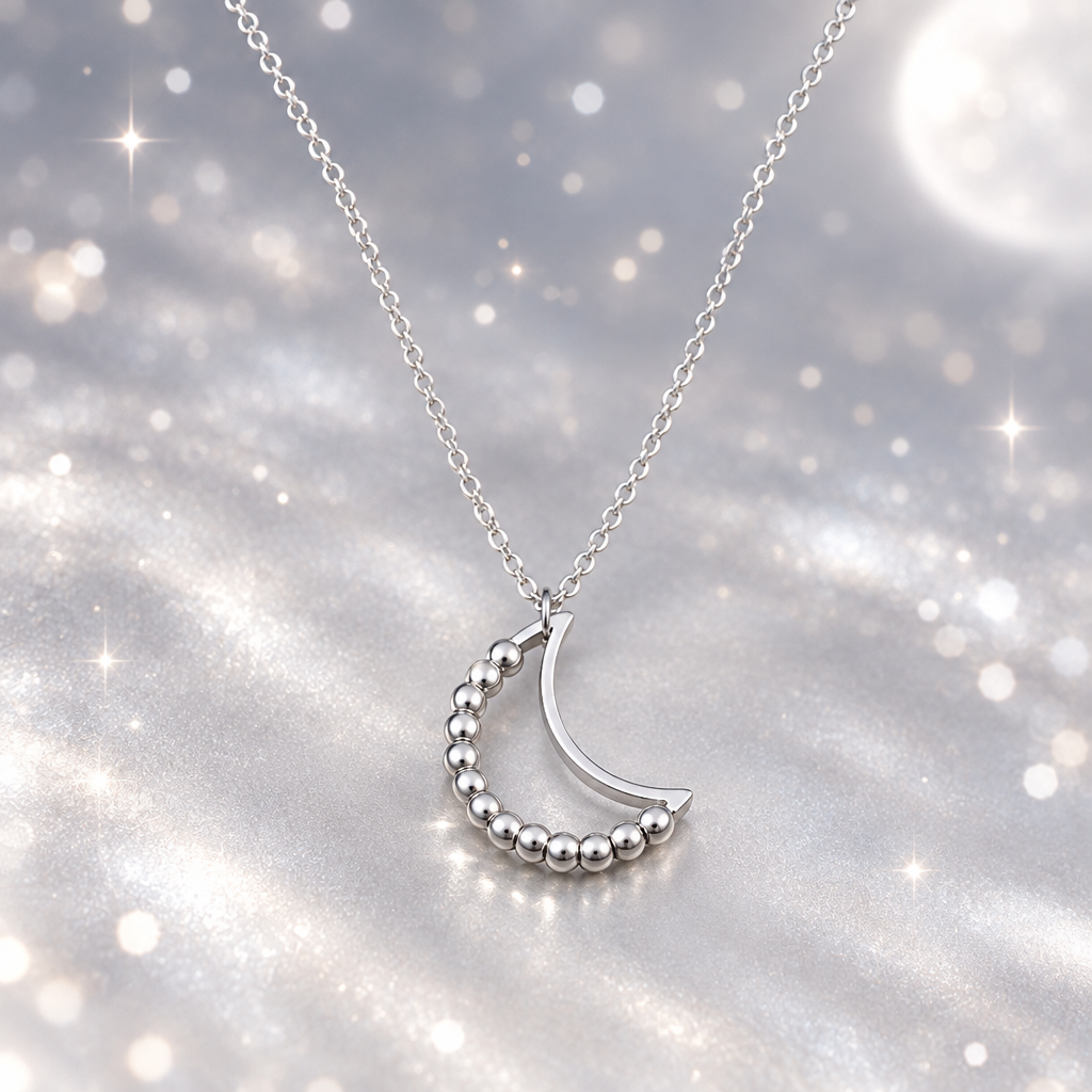 Silver Beaded Crescent Moon Spinner Necklace