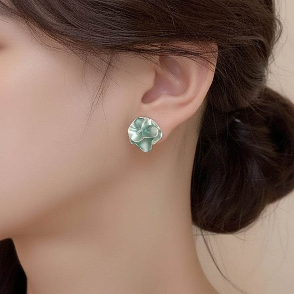 Woman wearing Seafoam Pearlescent Petal Earrings 