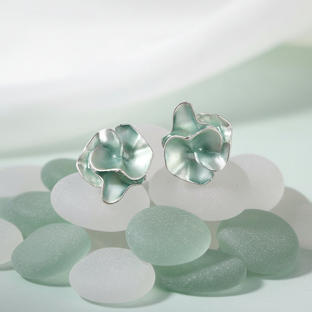 Seafoam Pearlescent Petal Earrings on seaglass