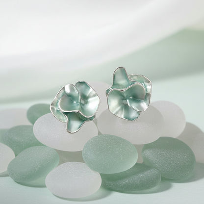 Seafoam Pearlescent Petal Earrings on seaglass
