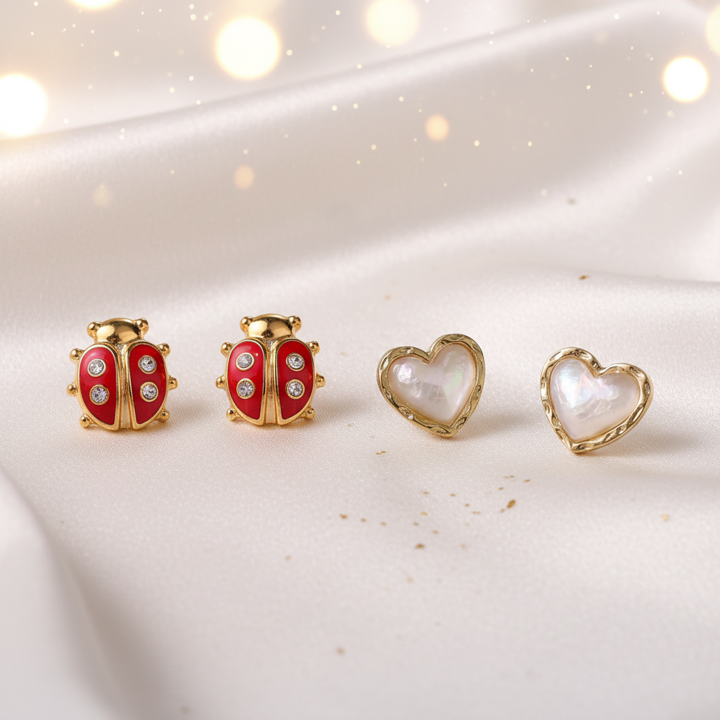 Lucky Ladybug and Gold Opalescent Heart stud earrings bundle set