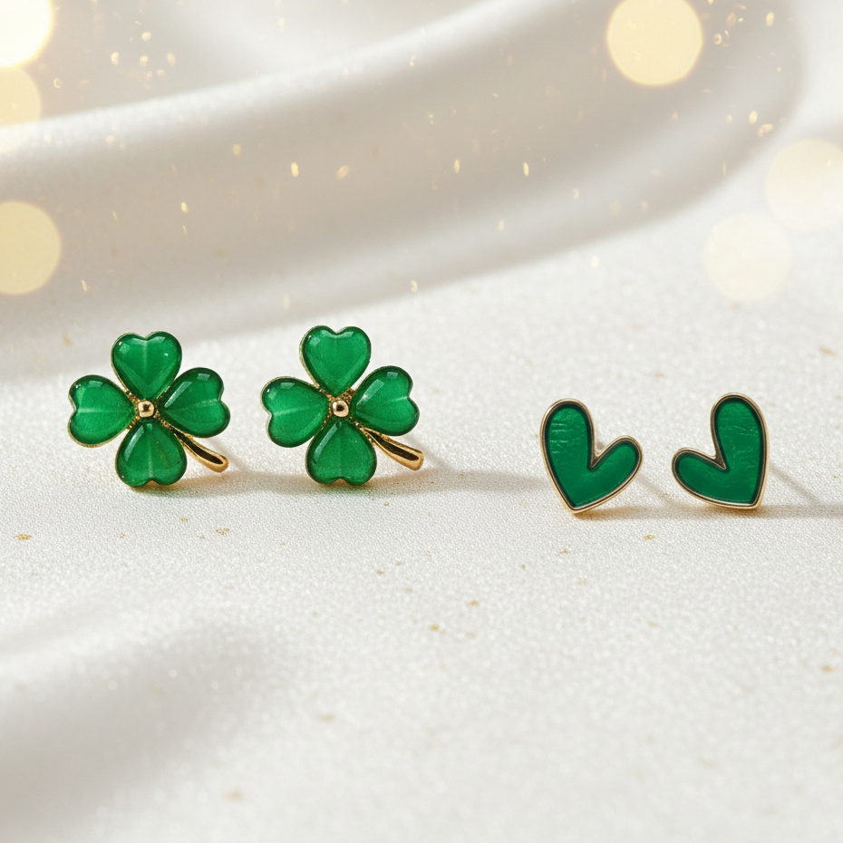 Green Four-Leaf Clover & Evergreen Heart Earrings Bundle
