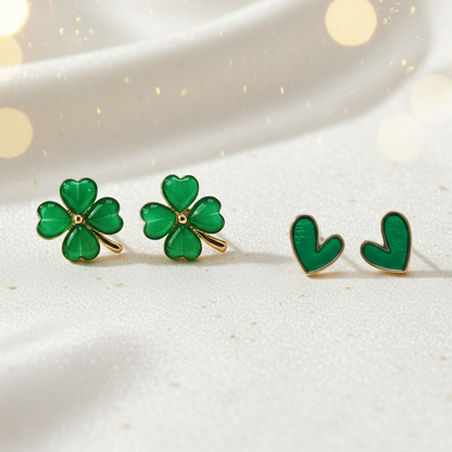 Green Four-Leaf Clover & Evergreen Heart Earrings Bundle