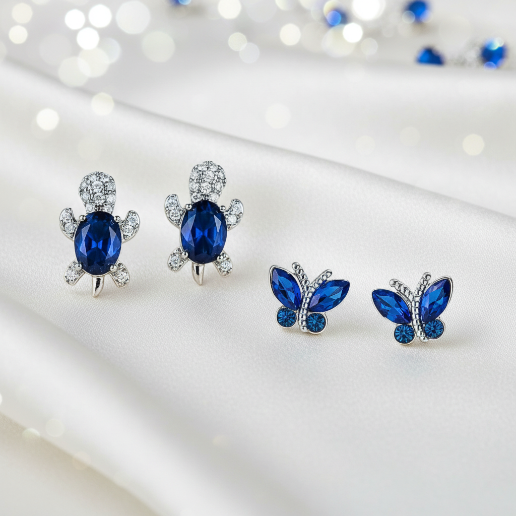 Blue Crystal Turtle & Midnight Blue Butterfly Earrings Bundle