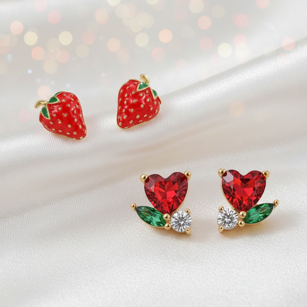 Strawberry & Mini Ruby Heart Blossom Earrings Bundle
