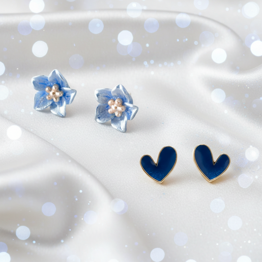 Blue Petal Blossom & Dark Blue Heart Earrings Bundle