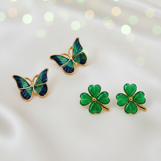 Blue & Green Butterfly & Green Four-Leaf Clover Earrings Bundle