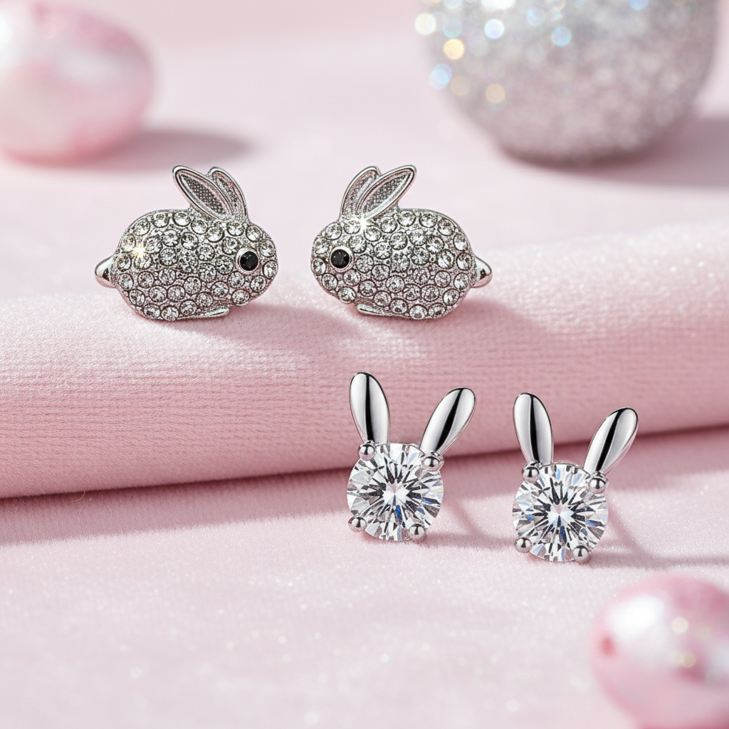 Sparkling Bunny Crystal Earrings Bundle with sparkling details on a white background