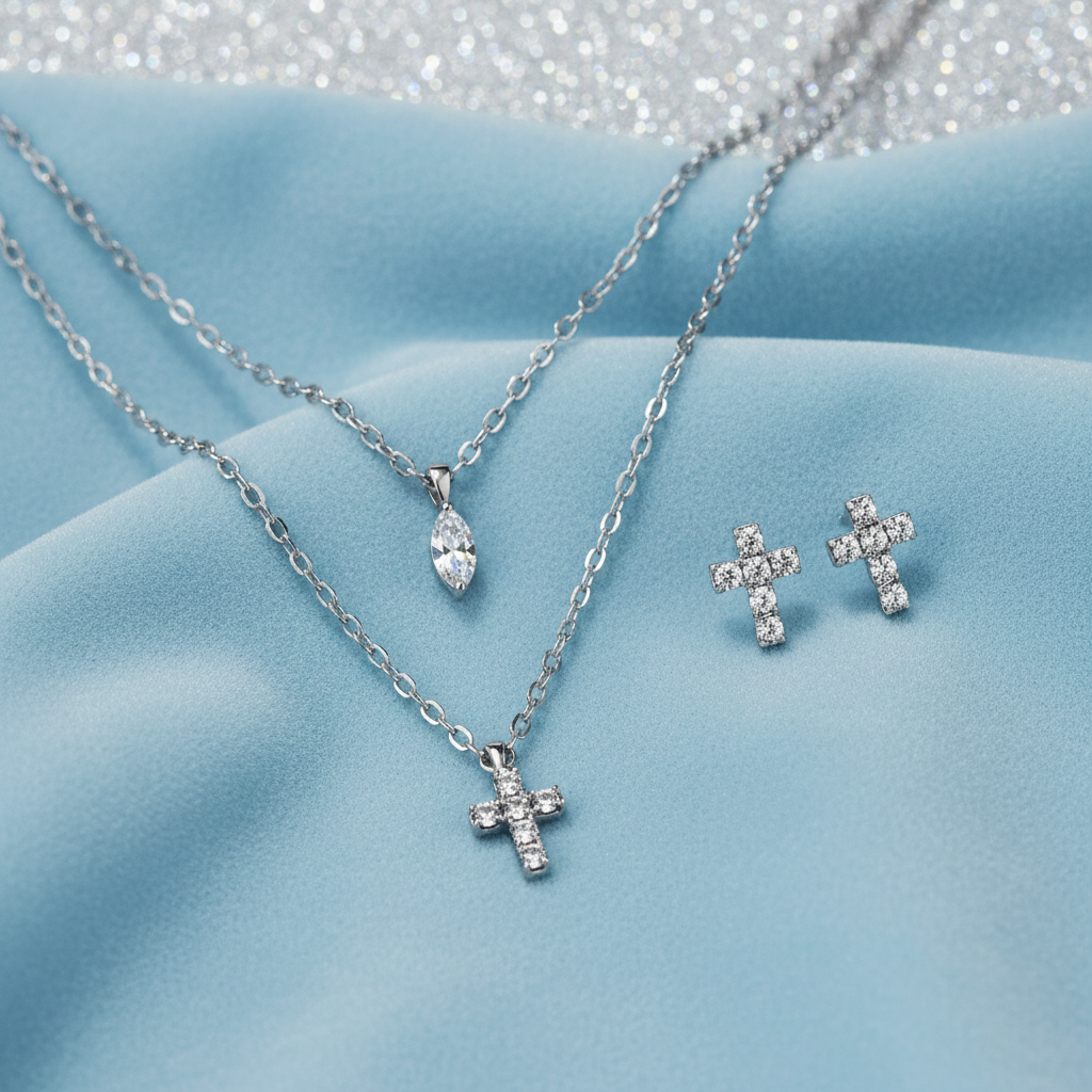Sparkling Cross Earrings & Layered Cross Necklace Bundle
