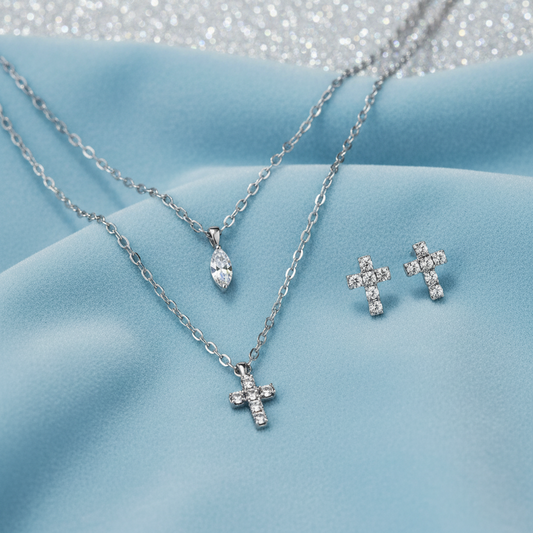 Sparkling Cross Earrings & Layered Cross Necklace Bundle