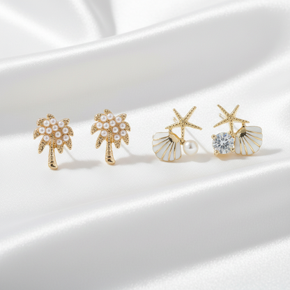 Palm Tree & Pearl Starfish Earring Set