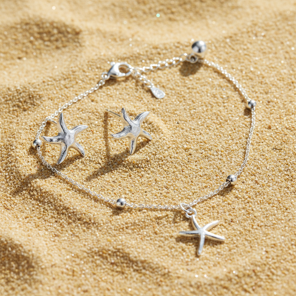 Silver Tide Starfish Earrings & Coastal Starfish Bracelet Set