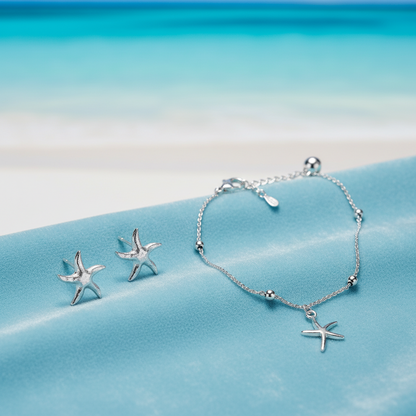 Silver Tide Starfish Earrings & Coastal Starfish Bracelet Set