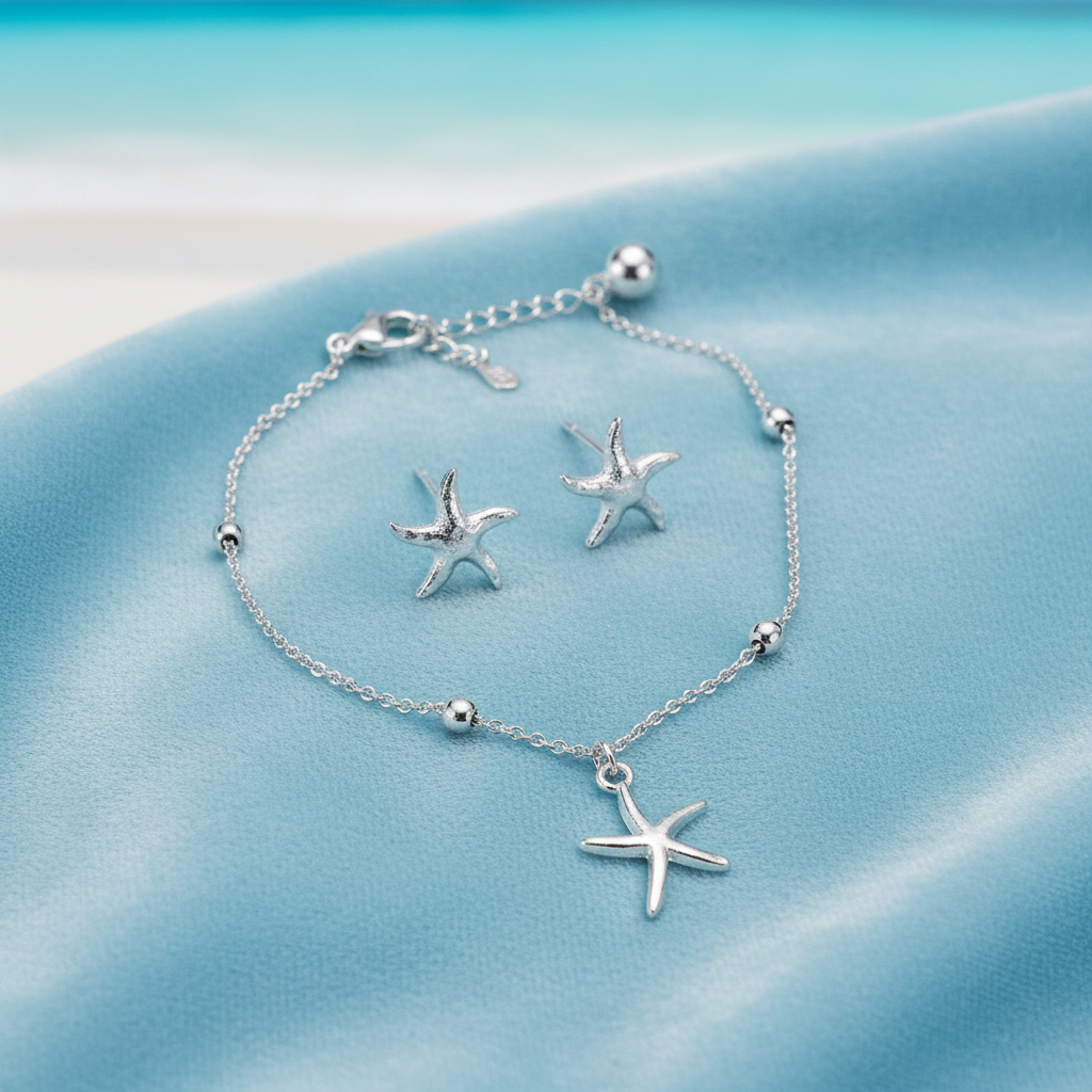 Silver Tide Starfish Earrings & Coastal Starfish Bracelet Set