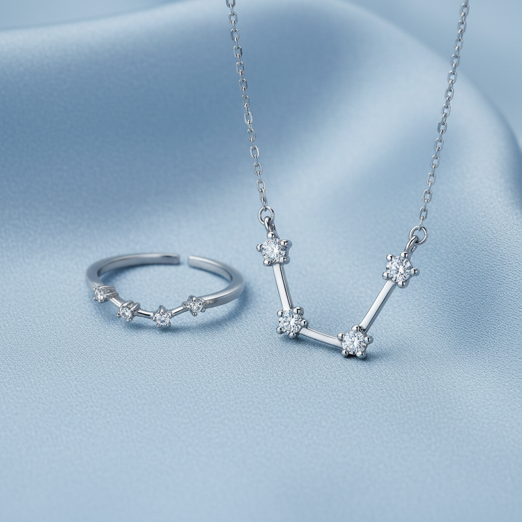 Silver Aquarius Zodiac Necklace & Ring Bundle with necklace and ring on a blue fabric background