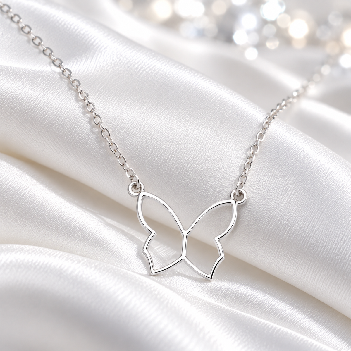 A silver butterfly-shaped pendant necklace with a delicate chain, displayed on draped white satin fabric with soft, out-of-focus bokeh lights in the background.
