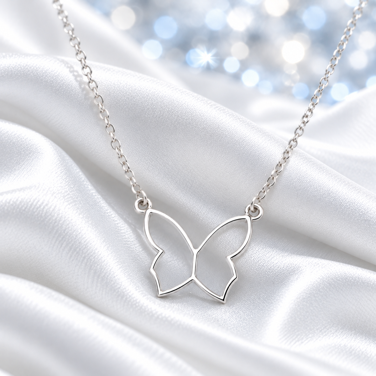 A silver butterfly-shaped pendant necklace on a delicate silver chain, displayed on draped white satin fabric with a soft blue bokeh background.