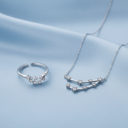 Silver Capricorn Zodiac Necklace & Ring Bundle on a light blue fabric background