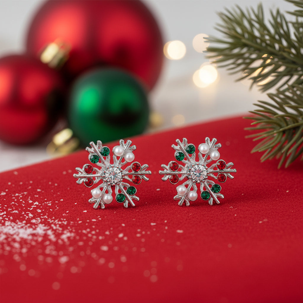 Silver Gemstone Snowflake Earrings on red