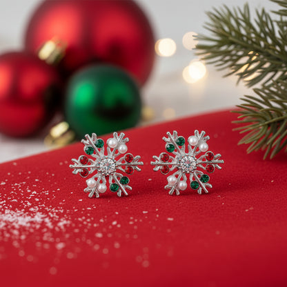 Silver Gemstone Snowflake Earrings on red