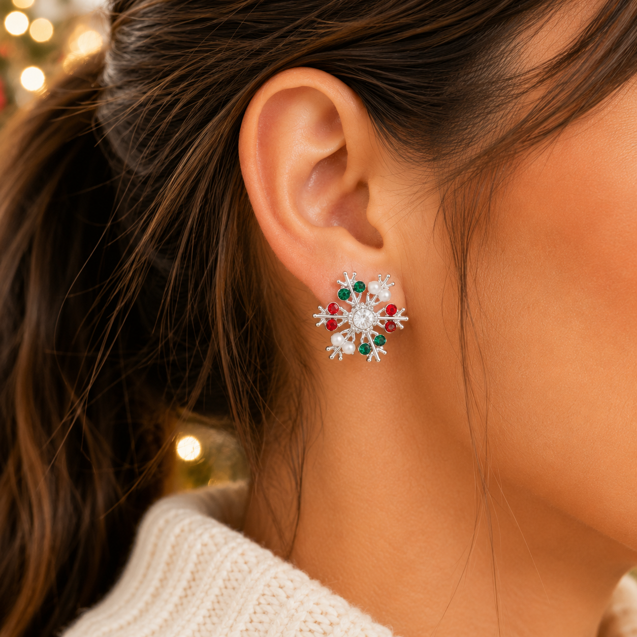 Woman wearing Silver Gemstone Snowflake Earrings - closeup