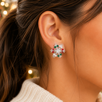 Woman wearing Silver Gemstone Snowflake Earrings - closeup