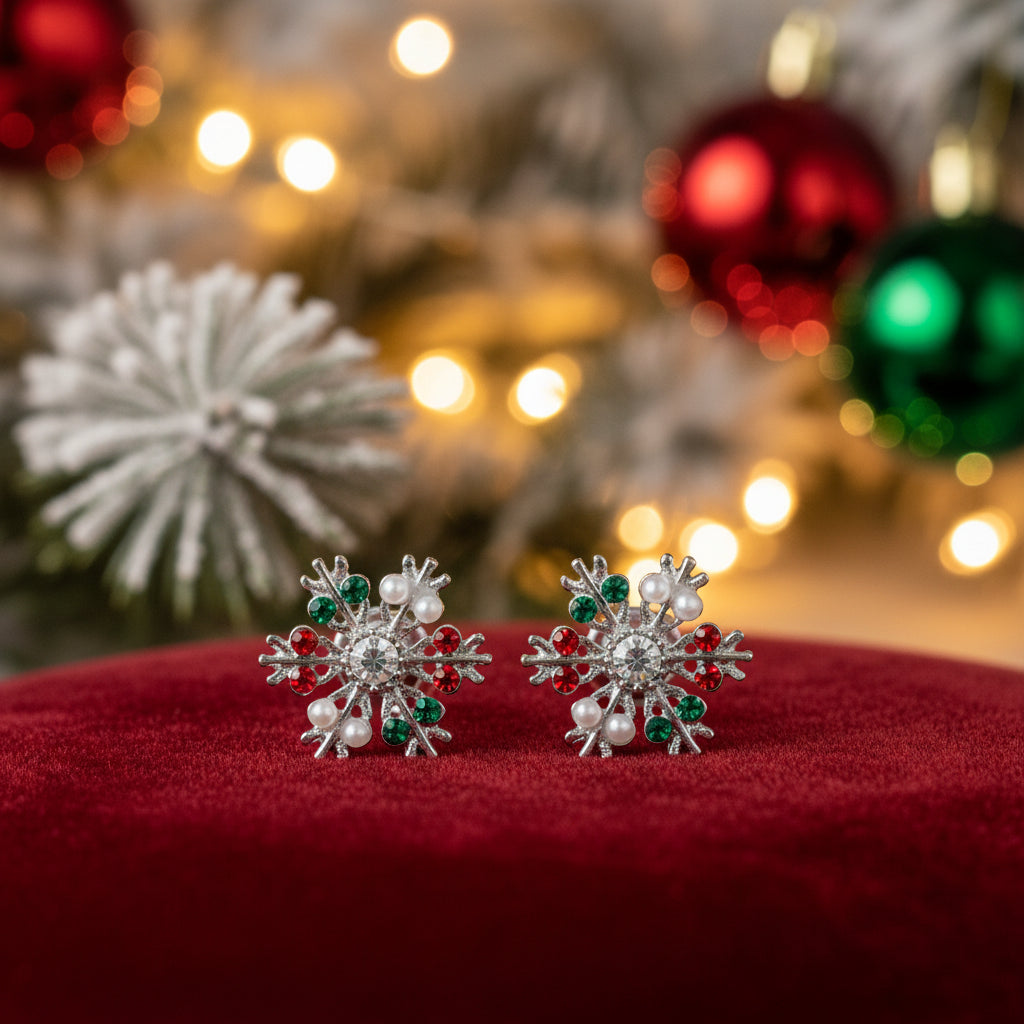 Silver Gemstone Snowflake Earrings on red premium velvet
