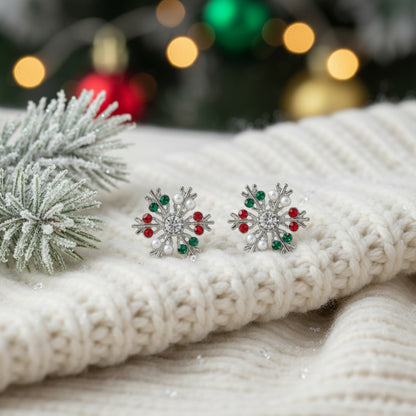 Silver Gemstone Snowflake Earrings on sweater