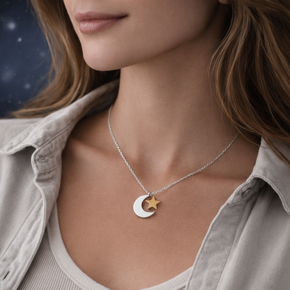 Close-up of a woman wearing a Silver & Gold Crescent Moon Star Necklace against a starry night sky.