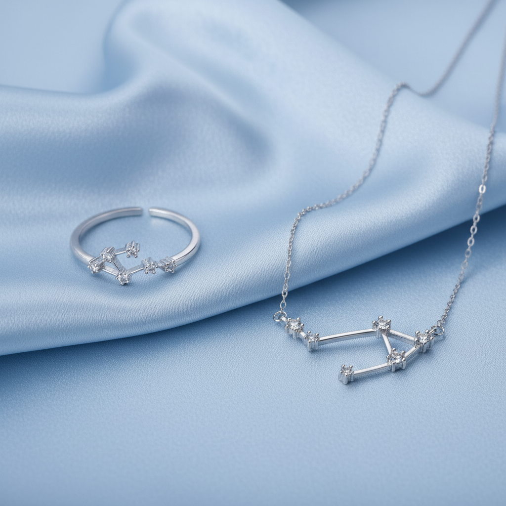 Silver Libra Zodiac Necklace & Ring Bundle