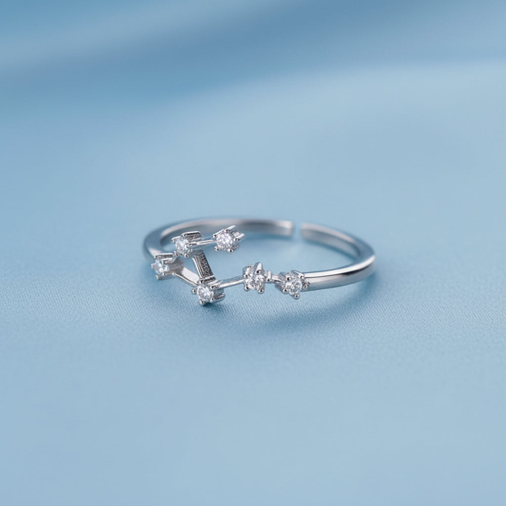 Silver Libra Zodiac Ring with floral designs on a light blue background
