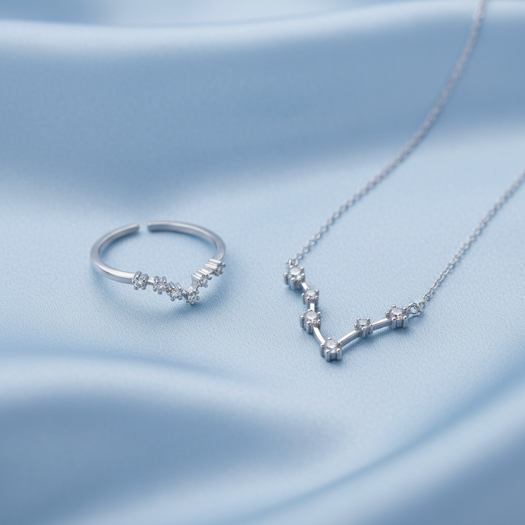 Silver Pisces Zodiac Necklace & Ring Bundle on a light blue fabric background
