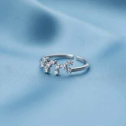 Silver Sagittarius Zodiac Ring shaped like the Sagittarius zodiac sign on a light gray background