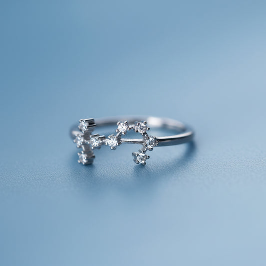 Silver Scorpio Zodiac Ring on a light blue background